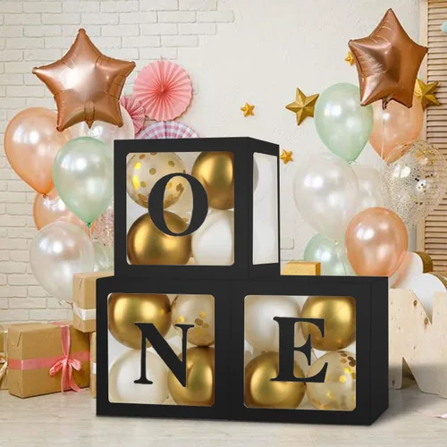 Miniatura 5 de Sooyee Decoraciones de primer cumpleaños para niña o niño, 3 cajas de globos para decoración de primer cumpleaños, bloques de cubo de bebé, Negro