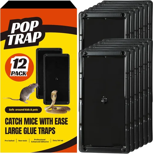 POPTRAP Trampa para ratas de servicio pesado y grande - 12 paquetes, trampa para ratones súper adhesiva con pegamento ultra fuerte, trampa para
