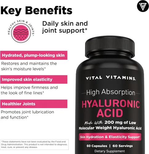 Miniatura 3 de Vital Vitamins Suplementos de ácido hialurónico - Hecho con 200 mg de ácido hialurónico de bajo peso molecular - Apoya la hidratación y elasticidad