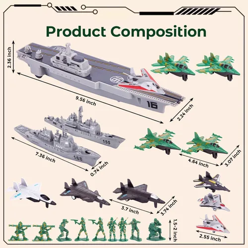Miniatura 7 de 3 otters 27 piezas Juego de juguete de portaaviones, conjunto de juguetes del ejército de hombres del ejército, grupo de batalla de juguetes