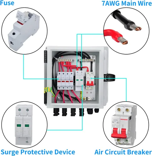 Miniatura 3 de Caja combinadora PV PowGrow, caja combinadora solar de metal de 4 cuerdas con fusible de corriente nominal de 15 A, dispositivo de protección contra