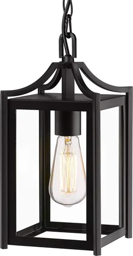 Lámpara Colgante para Exteriores, 14" Luz Colgante Moderna Grande para Porche con Cadena Ajustable, Linterna Colgante Exterior Negra con Vidrio