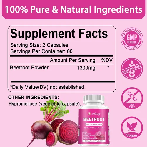 Miniatura 2 de Cápsulas de remolacha 120 unidades, cápsulas de polvo de remolacha pura 60 días de suministro Suplemento natural y vegano 1300mg por porción