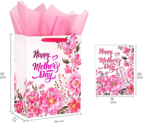 Miniatura 7 de LeZakaa Bolsa de regalo para el día de la madre, letras del día de la madre, diseño floral rosa, mariposa y papel de aluminio rosa, bolsa de regalo