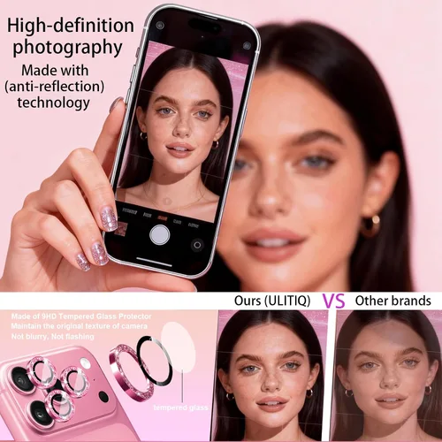 Miniatura 4 de Compatible con iPhone 12 Pro Max, protector de lente de cámara rosa, Apple iPhone 12 Pro Max, protector de lente con purpurina, accesorios