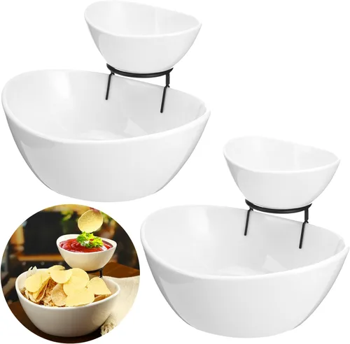 Juego de 2 platos para servir chips y salsas de 2 niveles, plato de porcelana para aperitivos y platos con soporte para alimentos, tacos, bar, Negro