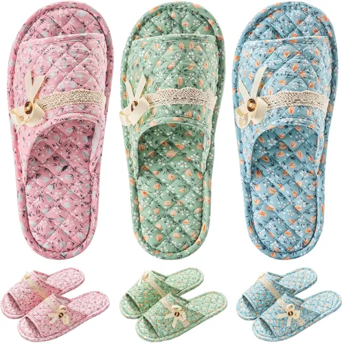 Miniatura 15 de 3 pares de zapatillas de casa florales de algodón para mujeres, zapatillas interiores de punta abierta cómodas lavables portátiles plegables