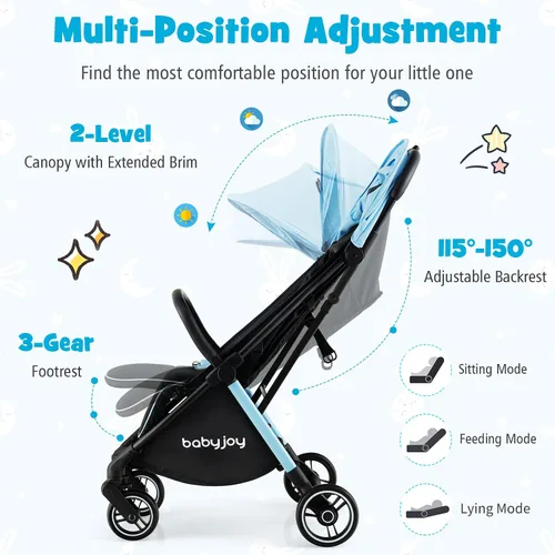 Miniatura 4 de BABY JOY Cochecito de bebé ligero, cochecito de viaje compacto para avión, cochecito para bebés y niños pequeños con respaldo y toldo ajustables