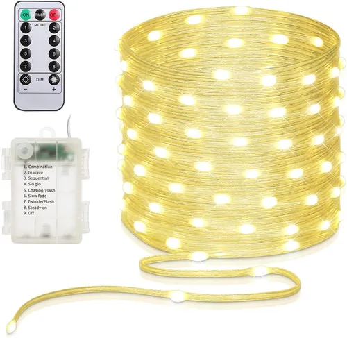 Miniatura 18 de Luces de Cadena de 33 pies que Funcionan con Batería, 100 Luces de Cadena de Hadas LED Alimentadas por Batería con Control Remoto y Temporizador