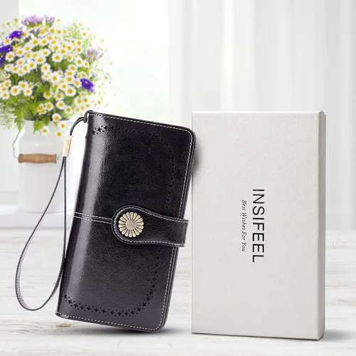 Miniatura 7 de INSIFEEL Carteras para mujer de gran capacidad con protección RFID monedero de cuero genuino Negro Retro