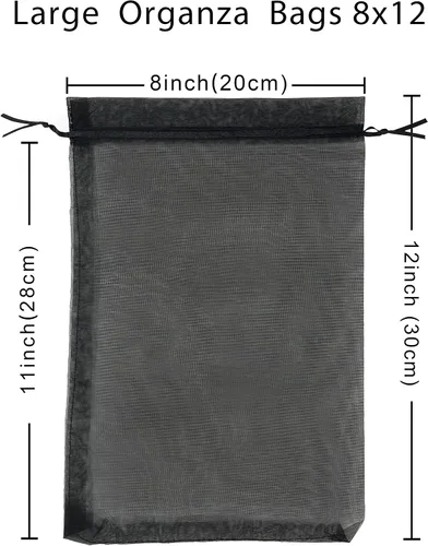 Miniatura 2 de Jexila 50 bolsas de regalo de organza negra transparente de 8 x 12 pulgadas, bolsas de malla grandes con cordón para joyería para bodas, fiestas