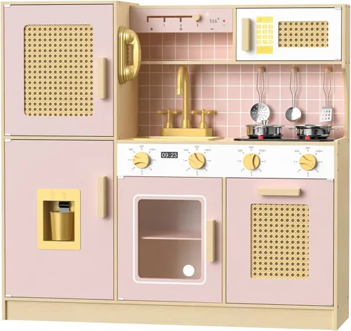 Miniatura 7 de Babytronic Juego de cocina de madera para niños - Cocina de juego rosa con luces y sonidos, cocina de juguete estilo retro para niños pequeños de 3