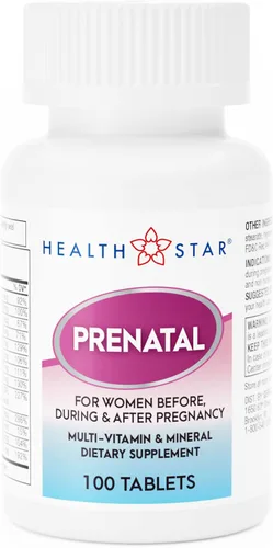 Multivitamínico prenatal de HealthStar para una mamá y un bebé saludables - Folato + vitamina C + vitamina D + hierro + calcio + B12 - 100 tabletas