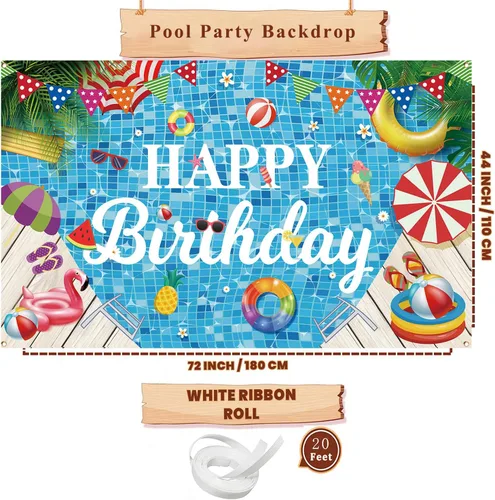 Miniatura 2 de Decoraciones de fiesta de cumpleaños para piscina, pancarta de feliz cumpleaños, telón de fondo de fiesta de piscina para fiesta de cumpleaños