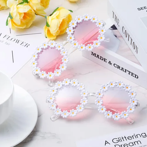 Miniatura 5 de 2 pares de lentes de sol de margarita para mujer, gafas redondas de flores para adultos y niños, decoración con gafas de tela bolsa de franela