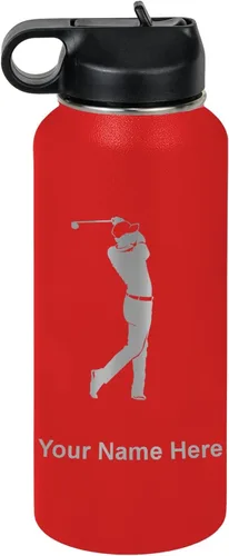 Miniatura 32 de LaserGram Botella de agua personalizada, golfista de golf, acero inoxidable de doble pared aislada al vacío con popote superior, regalo grabado Negro
