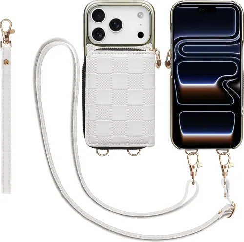 Miniatura 72 de Funda tipo cartera para iPhone 15 de 6.1 pulgadas, bolso cruzado con cremallera y correa para la muñeca con cordón para mujer, tarjetero con bloqueo
