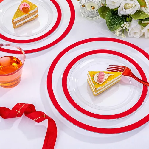 Miniatura 4 de I00000 Juego de 210 platos rojos, platos de plástico transparente y rojo que incluye 60 platos, 30 tazas, 30 servilletas enrolladas con cubiertos