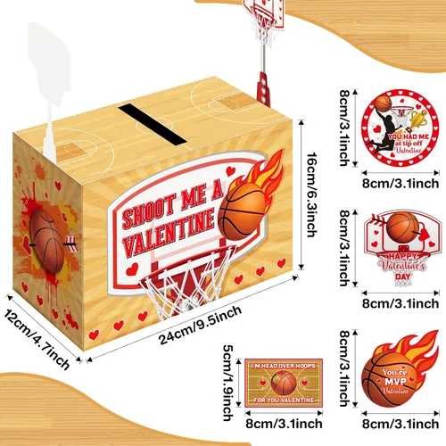 Miniatura 2 de Geyee Cajas de San Valentín de baloncesto con 4 tarjetas diferentes para intercambio de oficina, fiesta, 1 buzón, 16 tarjetas, 2 touchdown