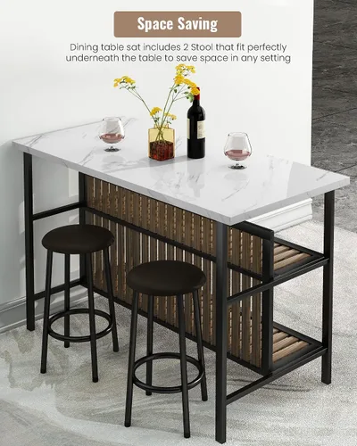 Miniatura 2 de AWQM Isla de cocina con asiento y estante de almacenamiento, mesa de isla de mármol sintético para cocina, mesa de bar moderna y sillas para 2