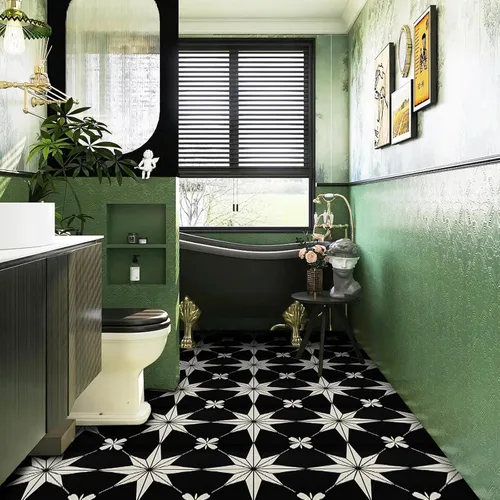 – Pegatinas adhesivas para piso: 10 piezas de 11.81 * 11.81 pulgadas, pisos de vinilo impermeables en negro y blanco, fácil de instalar, adhesivo