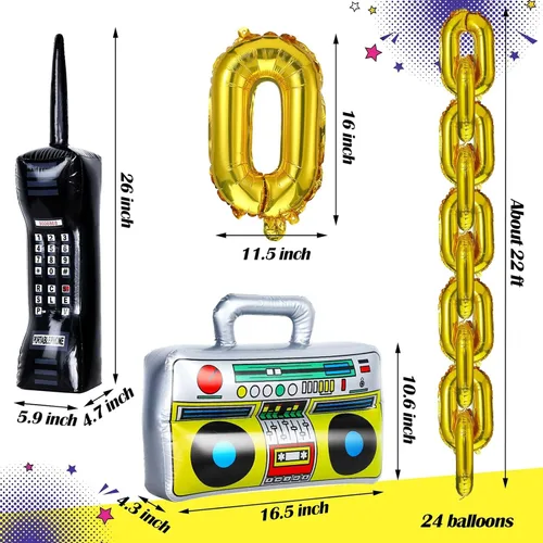 Miniatura 2 de 27 piezas de decoraciones de fiesta temática de discoteca de los años 80 y 90, incluye radio, fondo inflable Boombox, teléfono móvil inflable