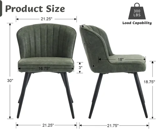 Miniatura 3 de CIMOTA Juego de 2 sillas de comedor de cuero verde, modernas sillas de comedor con patas de metal negro, sillas de cocina tapizadas con respaldo