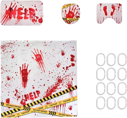 Miniatura 5 de Juego de 4 cortinas de ducha de Halloween, juego de baño impermeable de Halloween con alfombras antideslizantes, cubierta para tapa de inodoro