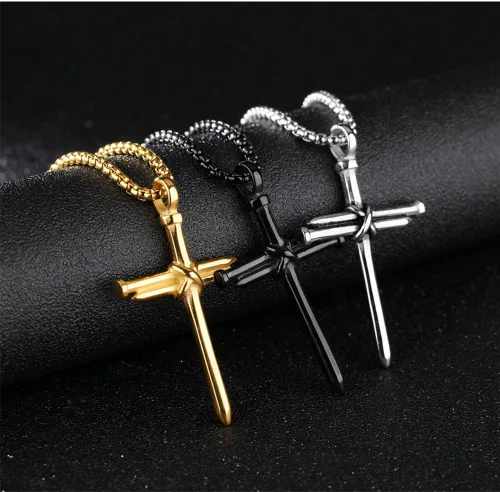 Miniatura 4 de HIJONES Collar con colgante de cruz de uñas de acero inoxidable para hombre, multicolor