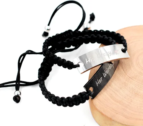Miniatura 5 de 1 par de pulseras trenzadas Hademade para parejas, pulseras para hombres y mujeres grabadas con "I Love You 3000, God Gave Me You, His Crazy Her