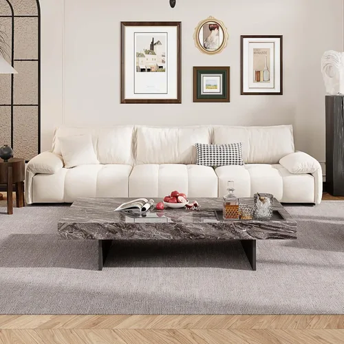 Miniatura 7 de Mesa auxiliar rectangular de mármol de 51.18 pulgadas, parte superior de piedra sinterizada gris moderna con base de metal negro, mesa central