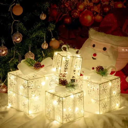 Miniatura 7 de COVFEVER Cajas de Regalo Iluminadas de Navidad, Juego de 4 Cajas de Regalo con Luces Preinstaladas, Juego de Cajas de Regalo Iluminadas que