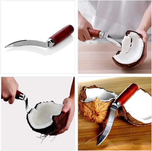 Miniatura 5 de Juego de herramientas de abridor de coco de alta calidad, cuchillo raspador de coco y removedor de carne de coco de acero inoxidable con mango