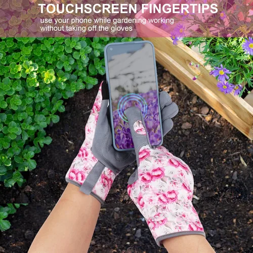 Miniatura 5 de Guantes de jardinería de cuero para mujer, guantes de jardín a prueba de espinas, guantes de trabajo para pantalla táctil, regalos