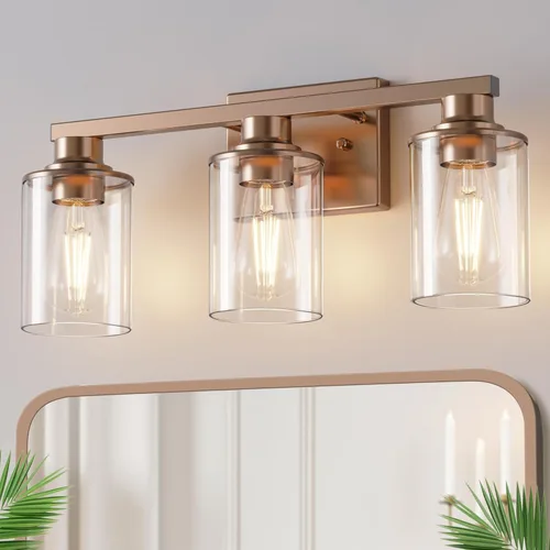 Miniatura 21 de DORESshop Lámparas de baño, 3 luces negras y doradas para baño sobre espejo con pantalla de vidrio transparente, luces de tocador para baño, Negro