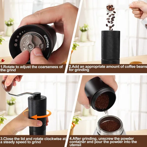 Miniatura 8 de Molinillo de café manual, caja de regalo, rebaba cónica desmontable de acero inoxidable, molinillo de granos de café de aluminio con 25 ajustes