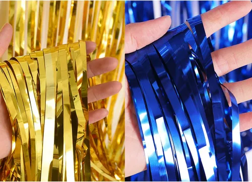 Miniatura 3 de Paquete de 4 cortinas metálicas con flecos para decoración de cumpleaños, bodas, Navidad Azul y dorado
