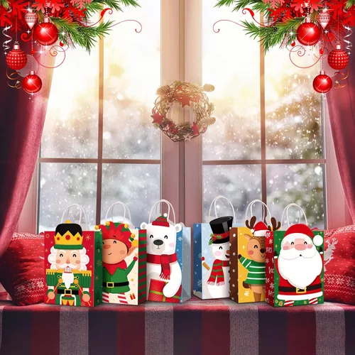 Miniatura 4 de Funrous - 18 paquetes de 36 bolsas de regalo de Navidad - 6 diseños - bolsas de papel kraft de Navidad - regalos de Navidad con asas para aperitivos