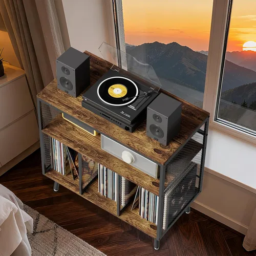Miniatura 7 de VyGrow Soporte para tocadiscos con almacenamiento de vinilo, soporte para tocadiscos de 3 niveles con capacidad para hasta 220 álbumes, estante