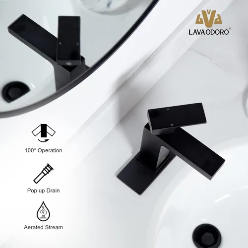 Miniatura 7 de Lava Odoro Grifo de baño negro mate de 1 agujero, moderno grifo de lavabo de baño de un solo orificio para tocador con montaje de drenaje