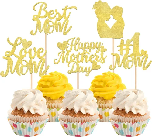 Miniatura 20 de Rsstarxi Paquete de 30 adornos dorados para cupcakes para el Día de la Madre con purpurina para el Día de la Madre, la mejor mamá del mundo