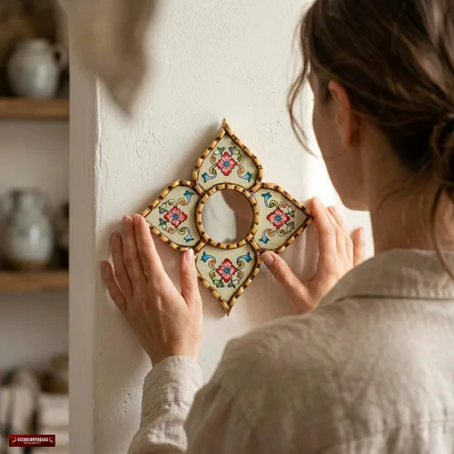 Miniatura 5 de Espejo peruano pequeño, espejo artesanal hecho a mano, decoración de pared de vidrio pintado inverso, espejos con forma de diamante de 8.26 pulgadas
