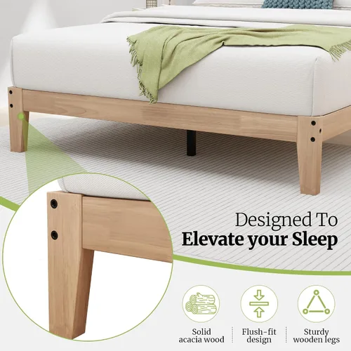 Miniatura 6 de Awesofurni Base de cama individual, plataforma de madera maciza de 12 pulgadas con listones de madera, marco de cama de madera con acabado natural
