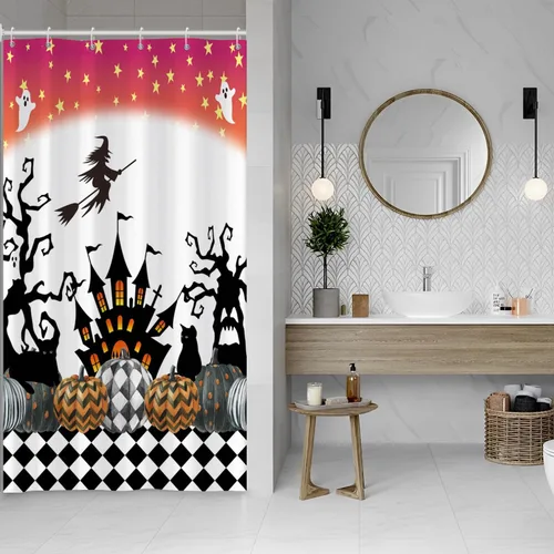 Miniatura 47 de Cortina de ducha de fantasma y gato negro para niños, 36 x 72 pulgadas, espeluznante y bonita, cortina de baño de Halloween con 6 ganchos, cortina
