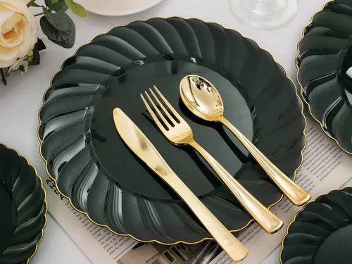 Miniatura 7 de YOUBET 150 platos de plástico verde esmeralda, vajilla desechable verde y dorado que incluye 50 platos, 25 cuchillos, 25 tenedores, 25 cucharas, 25