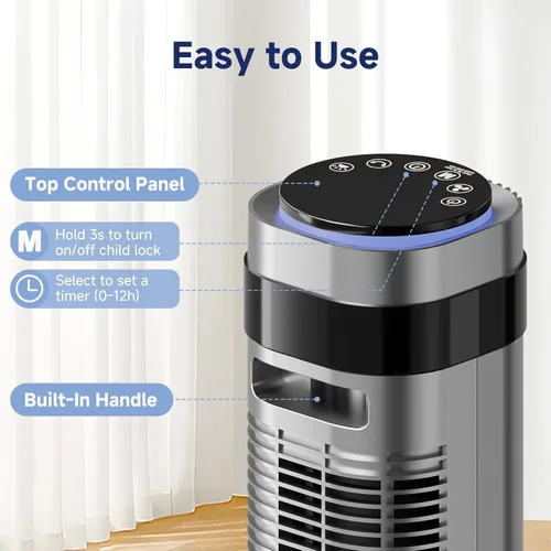 Miniatura 7 de 36 Inch Tower Fan for Bedroom, 22.3ft/s Velocity Standing Fan with 28dB Quiet for Sleep, Remoter, LED display, 5 Speeds, 4 Modes, 12H Timer, Grey