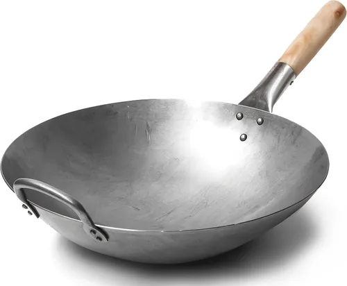Craft Wok 731W88 wok de acero al carbono, tradicional, martillado a mano, con manija de acero y madera (14 in, base redonda)