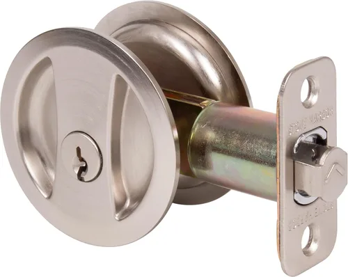 Miniatura 4 de Stone Harbor Hardware Cerradura de puerta de bolsillo redondo, función de entrada, fondo de 2-3/8", níquel satinado