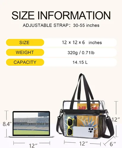 Miniatura 2 de Lyingflat Bolsa transparente para eventos de estadio - 12x6x12, bolsa de deporte transparente con correas reforzadas para el hombro