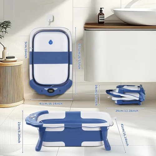 Miniatura 7 de Bañera para bebé, bañera plegable para bebé con termómetro y cojín flotante suave, bañeras portátiles de viaje para bebés para recién nacidos a Gris